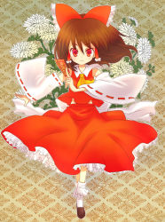 1girl bow brown_hair detached_sleeves female_focus flower full_body girotin_ginza hair_bow hakurei_reimu japanese_clothes miko ofuda red_eyes short_hair solo touhou