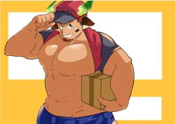 Rule 34 | 1boy, alternate costume, animal ears, bara, bare pectorals, baseball cap, box, brown hair, cardboard box, carrying, carrying under arm, clothes lift, cow boy, cow ears, cow horns, cowboy shot, delivery, denim, facial hair, forked eyebrows, glowing horns, goatee, hat, horns, huge pectorals, jeans, looking at viewer, male focus, muscular, muscular male, no nipples, pants, pectorals, ragi san (ononokomachiimo), shirt behind neck, shirt lift, solo, strongman waist, thick eyebrows, tokyo houkago summoners, wakan tanka
