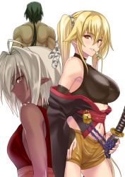 Rule 34 | 1boy, 2girls, armpits, bare arms, bare shoulders, blonde hair, breasts, brown eyes, character request, closed mouth, cowboy shot, dango, dark-skinned female, dark elf, dark skin, detached sleeves, elf, food, japanese clothes, katana, kimono, large breasts, long hair, long sleeves, looking at viewer, mouth hold, multiple girls, navel, off shoulder, parted lips, pointy ears, profile, sash, sengoku aky, shorts, silver hair, sleeveless, sleeveless turtleneck, smile, soukou akki muramasa, stomach, sword, turtleneck, twintails, upper body, wagashi, weapon, wide sleeves