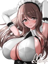 Rule 34 | 1girl, absurdres, azur lane, blush, breasts, charybdis (azur lane), clothing cutout, dated, gloves, grey eyes, grey hair, highres, hisin, huge breasts, large breasts, long hair, looking at viewer, maid, maid headdress, signature, simple background, smile, underboob cutout, white gloves