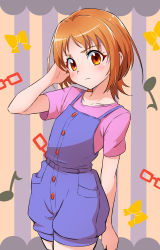 Rule 34 | 1girl, bad id, bad pixiv id, blue overalls, blush, brown eyes, brown hair, closed mouth, cowboy shot, frown, hand in own hair, highres, jwetefmgyvhlxqn, looking at viewer, overall shorts, overalls, pink shirt, precure, shirabe ako, shirt, short hair, short sleeves, solo, standing, striped, striped background, suite precure, t-shirt