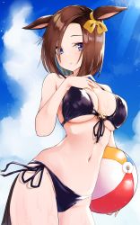 Rule 34 | 1girl, air groove (umamusume), animal ears, ball, bare arms, bare shoulders, beachball, bikini, black bikini, black ribbon, blue eyes, blue sky, blush, bow, breasts, brown hair, cleavage, cloud, cowboy shot, day, eyeshadow, front-tie bikini top, front-tie top, hair bow, hand on own chest, highres, horse ears, horse girl, horse tail, komb, large breasts, looking at viewer, makeup, navel, outdoors, parted lips, ribbon, short hair, side-tie bikini bottom, sky, solo, stomach, string bikini, swimsuit, tail, umamusume, underboob, yellow bow