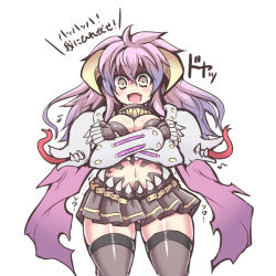 Rule 34 | 1girl, armor, bikini armor, black thighhighs, breasts, fang, female focus, gauntlets, horns, long hair, navel, open mouth, pink hair, purple hair, ragnarok online, rakuma kanori, simple background, skirt, solo, standing, thighhighs, translation request, white background, wide hips, yellow eyes