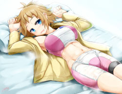 Rule 34 | 10s, 1girl, :d, abs, armpits, bed, bike shorts, blue eyes, brown hair, gundam, gundam build fighters, gundam build fighters try, hair down, hoshino fumina, jacket, lying, midriff, mizuyan, navel, open mouth, pillow, smile, solo, sports bra, sweat, taut clothes, two-tone sports bra