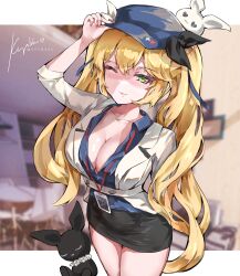 Rule 34 | 1girl, ;), absurdres, artist name, belt, black skirt, blonde hair, blue hat, blue jacket, blue ribbon, blurry, blurry background, blush, breasts, cabbie hat, cleavage, collared shirt, covered navel, dokibird (vtuber), green eyes, grey jacket, hair ribbon, hat, heart, heart-shaped eyes, highres, id card, indie virtual youtuber, jacket, keyokku, lanyard, long hair, long sleeves, looking at viewer, medium breasts, miniskirt, nose blush, office lady, one eye closed, open clothes, open shirt, rabbit, red nails, ribbon, shirt, skirt, smile, solo, thighs, twintails, very long hair, virtual youtuber, white belt