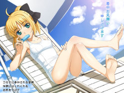 Rule 34 | 1girl, ahoge, alternate costume, artoria pendragon (all), artoria pendragon (fate), barefoot, blonde hair, blue eyes, blush, bow, breasts, capcom, chair, cloud, day, eating, fate/stay night, fate/unlimited codes, fate (series), feet, food, hair bow, crossed legs, lounge chair, medium breasts, namonashi, one-piece swimsuit, popsicle, saber (fate), saber lily, school swimsuit, sitting, sky, soles, solo, swimsuit, toes, translation request, white school swimsuit, white one-piece swimsuit
