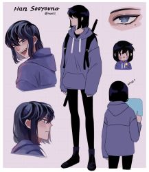 Rule 34 | 1girl, black footwear, black hair, black pants, blue eyes, blush, border, closed mouth, commentary, drawstring, english commentary, english text, from behind, from side, full body, grid background, hair between eyes, han sooyoung, highres, holographic interface, holographic monitor, holographic touchscreen, hood, hood down, hoodie, long sleeves, looking at viewer, looking back, medium hair, mixed-language commentary, mole, mole under eye, multiple views, omniscient reader&#039;s viewpoint, open mouth, pants, purple background, purple hoodie, simple background, smile, standing, sword, vietnamese commentary, weapon, weapon on back, white border, yuugji