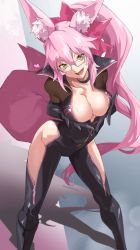 Rule 34 | 1girl, absurdres, animal ear fluff, animal ears, black bodysuit, blush, bodysuit, bow, breasts, center opening, cleavage, collarbone, commentary request, fate/grand order, fate (series), fox ears, fox girl, fox tail, glasses, hair between eyes, hair bow, highres, hip vent, koyanskaya (assassin) (first ascension) (fate), koyanskaya (fate), large breasts, long hair, looking at viewer, pink bow, pink hair, ponytail, pretty-purin720, revision, sidelocks, smile, solo, tail, tamamo (fate), thighs, yellow eyes
