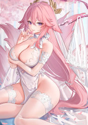 Rule 34 | 1girl, absurdres, alternate costume, animal ears, arm under breasts, breast hold, breasts, cleavage, congqian you ke xing, floppy ears, fox ears, fox tail, genshin impact, highres, large breasts, leotard, long hair, looking at viewer, low ponytail, multiple tails, pink hair, pink tail, see-through, see-through legwear, sitting, smile, solo, tail, thighhighs, thighs, very long hair, white leotard, white thighhighs, yae miko, yokozuwari