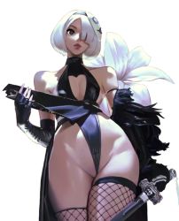 Rule 34 | 1girl, alternate costume, asymmetrical sleeves, black dress, black gloves, breasts, cameltoe, cleavage, cleavage cutout, clothes lift, clothing cutout, commentary, contrapposto, dress, elbow gloves, emil (nier), english commentary, fingerless gloves, fishnet thighhighs, fishnets, floral background, gloves, grey eyes, grey hair, groin, hair over one eye, halter dress, halterneck, heart cutout, highres, holding, holding sword, holding weapon, katana, lips, mask, mask on head, mole, mole under mouth, neesorin, nier (series), nier:automata, no blindfold, pelvic curtain, pelvic curtain lift, photo-referenced, revealing clothes, sash, short hair, sidelighting, small breasts, solo, sword, thighhighs, vinnegal, virtuous contract, weapon, 2b (nier:automata)