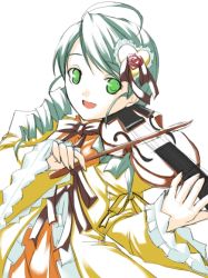 Rule 34 | 00s, 1girl, :d, ahoge, dress, green eyes, green hair, instrument, kanaria, long sleeves, looking at viewer, matching hair/eyes, music, open mouth, playing instrument, ribi, rozen maiden, simple background, smile, solo, violin, white background, wide sleeves, yellow dress