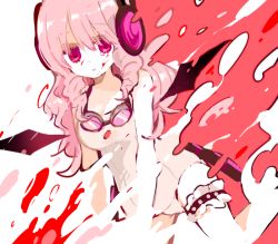 Rule 34 | 10s, 1girl, bat wings, blood, blood on face, goggles, goggles around neck, headphones, mahou shoujo ikusei keikaku, mahou shoujo ikusei keikaku unmarked, pink eyes, pink hair, solo, swim swim, tears, umesasami, wings
