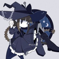 Rule 34 | 1girl, anchor symbol, blue dress, blue eyes, blue footwear, boots, bow, braid, brown hair, chain, chibi, colored skin, crescent, dress, funamusea, grey background, hair bow, hat, highres, oounabara to wadanohara, pointy ears, rasarasu, sailor collar, sailor dress, solo, star (symbol), wadanohara, watermark, white skin, window, witch, witch hat
