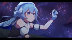 Rule 34 | 1girl, absurdres, arm up, bare shoulders, beret, black vest, blue hair, blush, bow, closed mouth, commentary request, detached sleeves, falling star, gem, gloves, hair bow, hat, highres, holding, holding gem, hololive, hoshimachi suisei, hoshimachi suisei (old design), letterboxed, long hair, looking away, night, night sky, okota mikan, outdoors, puffy short sleeves, puffy sleeves, purple eyes, shirt, short sleeves, side ponytail, sky, sleeveless, sleeveless shirt, solo, star (sky), star (symbol), star in eye, starry sky, symbol in eye, vest, virtual youtuber, white bow, white gloves, white hat, white shirt, white sleeves