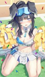 Rule 34 | 1girl, animal ears, bare arms, bare shoulders, blue archive, blush, breasts, cheerleader, collarbone, confetti, crop top, dog ears, dog girl, dog tail, emanon123, eyewear on head, goggles, goggles on head, halo, hibiki (blue archive), hibiki (cheer squad) (blue archive), holding, holding pom poms, long hair, looking at viewer, medium breasts, midriff, millennium cheerleader outfit (blue archive), miniskirt, navel, official alternate costume, open mouth, pom pom (cheerleading), pom poms, shoes, sitting, skirt, sneakers, solo, sticker on arm, sticker on face, tail, wariza, white footwear