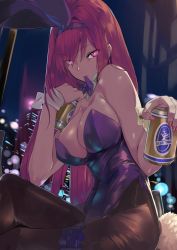 Rule 34 | 1girl, animal ears, bare shoulders, beer can, black pantyhose, bow, bowtie, breasts, building, can, cleavage, detached collar, drink can, fake animal ears, fate/grand order, fate (series), feet out of frame, large breasts, leotard, long hair, looking at viewer, mouth hold, night, official alternate costume, ohland, pantyhose, playboy bunny, purple bow, purple bowtie, purple hair, purple leotard, rabbit ears, red eyes, scathach (fate), scathach (piercing bunny) (fate), sitting, solo, strapless, strapless leotard, wrist cuffs
