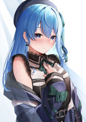 Rule 34 | 1girl, absurdres, beret, black choker, black hat, blue eyes, blue hair, bow, bow earrings, choker, earrings, green ribbon, hair between eyes, hair ribbon, hat, highres, hololive, hoshimachi suisei, hoshimachi suisei (streetwear), jewelry, lace, lace-trimmed sleeves, lace choker, lace sleeves, lace trim, long hair, looking at viewer, neck ribbon, official alternate costume, one side up, ribbon, sido (ama r007), solo, star (symbol), star in eye, symbol in eye, virtual youtuber