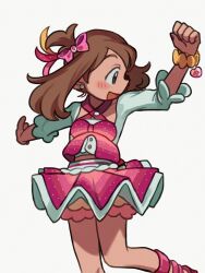 Rule 34 | 1girl, :d, anklet, blush, bracelet, brown hair, buttons, commentary request, creatures (company), elizabeth (tomas21), game freak, grey eyes, highres, jewelry, looking back, may (pokemon), nintendo, open mouth, outstretched arm, pink skirt, pokemon, pokemon oras, shirt, shoes, shorts, shorts under skirt, simple background, skirt, sleeves past elbows, smile, solo, white background