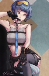 Rule 34 | 1girl, ahoge, asymmetrical legwear, bare shoulders, black gloves, blue hair, choker, collarbone, commentary, covered mouth, cowboy shot, crossed legs, earrings, english commentary, fingerless gloves, girls&#039; frontline, gloves, goggles, goggles on head, highres, jewelry, looking at viewer, midriff, mismatched legwear, multicolored nails, navel, orange eyes, orange goggles, shirt, short hair, short shorts, shorts, signature, single earring, sitting, solo, thighhighs, white shirt, yinyun, zas m21 (girls&#039; frontline)