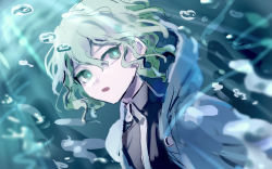 Rule 34 | 1other, androgynous, black shirt, blue jacket, bright pupils, commentary request, curly hair, green eyes, green hair, green pupils, hemo (hemoroda), hood, hood down, hooded jacket, jacket, len&#039;en, open mouth, shirt, shitodo aoji, short hair, sketch, underwater, water drop, zipper, zipper pull tab