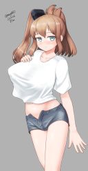 Rule 34 | 1girl, absurdres, alternate costume, breasts, brown hair, cowboy shot, grey background, grey eyes, grey shorts, hair between eyes, highres, kantai collection, large breasts, long hair, maru (marg0613), midriff, open fly, ponytail, saratoga (kancolle), shirt, short shorts, shorts, side ponytail, sidelocks, simple background, smokestack hair ornament, solo, t-shirt, white shirt
