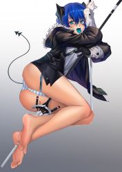 Rule 34 | 1girl, arknights, barefoot, blue hair, blue tongue, clothes lift, coat, colored tongue, cross, cross necklace, feet, female focus, fur-trimmed coat, fur trim, gloves, grey gloves, highres, hood, hooded jacket, horns, jacket, jewelry, mostima (arknights), necklace, open mouth, overcast, shirt lift, short hair, sky, solo, tail, toe ring, underwear, xo (xo17800108)