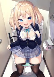 Rule 34 | 1girl, :d, absurdres, black jacket, black thighhighs, blazer, blonde hair, blue eyes, blue ribbon, blue skirt, breasts, brown thighhighs, cleavage, collared shirt, demon tail, dress shirt, feet out of frame, highres, jacket, looking at viewer, medium breasts, neck ribbon, ochinsama, open mouth, original, panties, panty pull, partially unbuttoned, plaid, plaid skirt, pleated skirt, pointy ears, ribbon, school uniform, shirt, sidelocks, sitting, skirt, smile, solo, tail, thighhighs, toilet, toilet paper, toilet stall, twintails, underwear, white panties, white shirt
