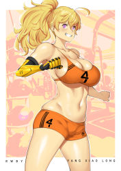 Rule 34 | 1girl, :d, ahoge, armpits, bare shoulders, blonde hair, blush, breasts, character name, clenched hands, collarbone, commentary, copyright name, cowboy shot, english commentary, grin, hair between eyes, highres, large breasts, long hair, looking at viewer, lulu-chan92, navel, open mouth, orange shorts, ponytail, prosthesis, prosthetic arm, purple eyes, rwby, shorts, skindentation, smile, solo, sports bra, stomach, strap gap, teeth, thighs, yang xiao long