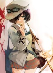 Rule 34 | 1girl, agulo, bag, blood, blood on face, collared shirt, crook mofus, cross, goggles, goggles on headwear, green eyes, hair over one eye, hat, highres, holding, holding cross, jacket, miniskirt, rance (series), rance quest, shirt, short hair, shoulder bag, simple background, skirt, solo, thighs