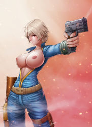 Rule 34 | 1girl, artist name, blush, breasts, breasts out, collarbone, cowboy shot, dual wielding, fallout (series), fallout 4, female focus, gun, handgun, highres, holding, holster, large breasts, newash, nipples, red eyes, rifle, short hair, silver hair, simple background, sole survivor (female), solo, unzipped, vault suit, weapon, zipper