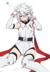 Rule 34 | 1girl, bare shoulders, belt, black belt, black thighhighs, blood, blush, bruise, bruise on face, cape, elbow gloves, eyes mask, gloves, grey background, grey gloves, grey hair, grey leotard, grey mask, grey thighhighs, hands up, highres, injury, leotard, looking at viewer, red cape, red eyes, short hair, shy (character), shy (series), simple background, sitting, takatisakana, thighhighs
