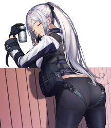 Rule 34 | 1girl, 3 small spiders, absurdres, ak-12 (girls&#039; frontline), ass, beer can, black gloves, black pants, bow, braid, can, closed eyes, drink can, french braid, from behind, girls&#039; frontline, gloves, grey hair, hair bow, hand rest, hand up, harness, highres, holding, holding can, leaning on object, long hair, looking back, pants, partially fingerless gloves, ponytail, pouch, smile, tactical clothes
