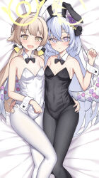Rule 34 | 2girls, angel wings, animal ears, azusa (blue archive), bare shoulders, black bow, black bowtie, black leotard, black pantyhose, blonde hair, blue archive, blue eyes, blush, bow, bowtie, breasts, cleavage, collarbone, commentary, covered navel, crossed bangs, detached collar, fake animal ears, feathered wings, flower, gradient eyes, grey hair, hair bow, hair flower, hair ornament, halo, hifumi (blue archive), highres, hug, leotard, long hair, looking at viewer, low twintails, lying, multicolored eyes, multiple girls, on back, open mouth, pantyhose, parted lips, playboy bunny, purple eyes, rabbit ears, sideboob, small breasts, smile, twintails, tyobis., very long hair, white leotard, white pantyhose, wings, wrist cuffs, yellow bow, yellow eyes