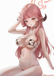 Rule 34 | 1girl, absurdres, alternate costume, animal print, arm up, aru (blue archive), bare arms, bare shoulders, barefoot, bell, belt collar, bikini, blue archive, blush, breasts, cleavage, collar, commentary request, covered erect nipples, cow print, eyepatch bikini, halo, hamong0, hand on own head, highres, horns, large breasts, long hair, neck bell, orange eyes, parted lips, raised eyebrows, red hair, sidelocks, simple background, sitting, smile, solo, stomach, strapless, strapless bikini, string bikini, sweatdrop, swimsuit, thighs, v, white background