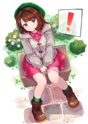 Rule 34 | !, 1girl, bob cut, boots, brown eyes, brown footwear, brown hair, buttons, cable knit, cardigan, closed mouth, collared dress, commentary request, creatures (company), dress, from above, game freak, gloria (pokemon), green hat, green socks, grey cardigan, hands on lap, hat, highres, hooded cardigan, kutabireta neko, looking at viewer, nintendo, own hands together, pink dress, pokemon, pokemon swsh, short hair, sitting, socks, solo, spoken exclamation mark, tam o&#039; shanter