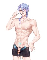 Rule 34 | 1boy, abs, bar censor, black jammers, black male swimwear, blue hair, censored, flaccid, genshin impact, highres, jammers, jammers pull, kamisato ayato, male focus, male swimwear, male swimwear pull, mole, multicolored hair, muscular, muscular male, navel, nipples, penis, purple eyes, rourouki, short hair, simple background, stomach, swimsuit, testicles, white background