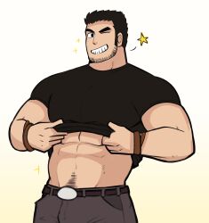 Rule 34 | 1boy, abs, absurdres, arched back, bara, beard stubble, black eyes, black hair, cowboy shot, facial hair, grin, highres, large pectorals, lifting own clothes, looking at viewer, lucas lee, male focus, midriff peek, muscular, muscular male, navel hair, one eye closed, osh (mochiiros), pants, pectorals, scott pilgrim (series), scott pilgrim takes off, shirt, short hair, smile, solo, sparkle, sparkling aura, stubble, t-shirt, thick eyebrows, wink star
