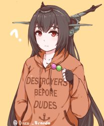Rule 34 | 10s, 1girl, :t, anchor symbol, black hair, breasts, clothes writing, dango, disco brando, eating, english text, fingerless gloves, food, gloves, hair between eyes, headgear, hood, hooded track jacket, jacket, kantai collection, long hair, looking at viewer, medium breasts, nagato (kancolle), orange background, red eyes, sanshoku dango, simple background, solo, straight hair, track jacket, twitter username, upper body, wagashi