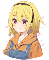 Rule 34 | 1girl, black hairband, blonde hair, brown hoodie, closed mouth, collarbone, commentary request, cropped torso, fang, fang out, hair between eyes, hairband, highres, higurashi no naku koro ni, hood, hood down, hoodie, houjou satoko, long hair, looking at viewer, meito (maze), overalls, petals, purple eyes, simple background, smile, solo, upper body, white background