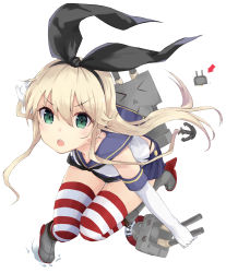 Rule 34 | &gt;:o, &gt; &lt;, 10s, 1girl, :o, @ @, anchor, arrow (symbol), blonde hair, closed eyes, elbow gloves, gloves, green eyes, hair ornament, hair ribbon, highres, kantai collection, kou mashiro, long hair, looking at viewer, machinery, microskirt, open mouth, panties, personification, rensouhou-chan, ribbon, shimakaze (kancolle), skirt, socks, solo, striped clothes, striped socks, striped thighhighs, thighhighs, triangle mouth, turret, underwear, v-shaped eyebrows