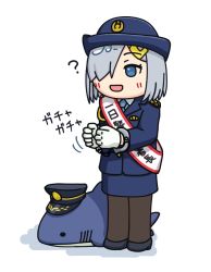 Rule 34 | 1girl, alternate costume, blue eyes, blue necktie, blue shirt, blue skirt, clothes writing, commentary request, cuffs, epaulettes, female service cap, gloves, grey hair, hair ornament, hair over one eye, hairclip, hama! (3toshinhmkz), hamakaze (kancolle), handcuffs, hat, kantai collection, necktie, peaked cap, pencil skirt, police, police hat, police uniform, policewoman, sash, shirt, short hair, skirt, solo, standing, stuffed animal, stuffed shark, stuffed toy, translation request, uniform, white gloves
