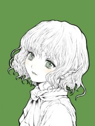 Rule 34 | 1girl, eyebrows hidden by hair, green background, green eyes, green theme, light blush, looking at viewer, mizuhashi parsee, monochrome, parted lips, pointy ears, sasaka1185, scarf, short hair, simple background, solo, touhou