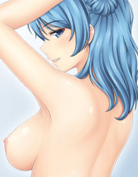 Rule 34 | 10s, 1girl, armpits, arms up, back, blue eyes, blue hair, breasts, double bun, hair bun, highres, kantai collection, large breasts, looking at viewer, looking back, matching hair/eyes, naughty face, nipples, nude, ogoro, shiny skin, simple background, smile, solo, upper body, urakaze (kancolle), white background