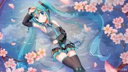 Rule 34 | 1girl, aqua eyes, aqua hair, arm up, armpits, cherry blossoms, detached sleeves, hatsune miku, headphones, long hair, looking at viewer, lying, necktie, on back, partially submerged, petals, skirt, snowmi, solo, thighhighs, twintails, very long hair, vocaloid, water