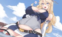 Rule 34 | 1girl, belt, between breasts, blonde hair, blue eyes, breasts, brown belt, collar, elbow gloves, garter straps, giant, giantess, gloves, hair between eyes, iowa (kancolle), kantai collection, large breasts, long hair, metal collar, open mouth, outdoors, sidelocks, solo focus, star-shaped pupils, star (symbol), symbol-shaped pupils, thighhighs, utopia, wavy hair, white gloves