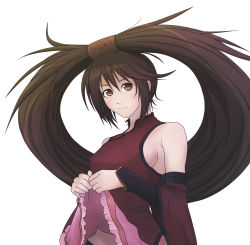 Rule 34 | 1girl, :3, arc system works, breasts, brown eyes, brown hair, china dress, chinese clothes, clothes lift, detached sleeves, dress, dress lift, face, guilty gear, highres, kuradoberi jam, long hair, medium breasts, pu-chin, sideboob, smile, solo