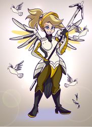 Rule 34 | 1girl, absurdres, bird, blonde hair, blue eyes, crossover, dove, frank araya, halo, high heels, high ponytail, highres, long hair, mechanical halo, mechanical wings, medic (tf2), mercy (overwatch), overwatch, overwatch 1, parody, ponytail, smile, solo, staff, team fortress 2, wings