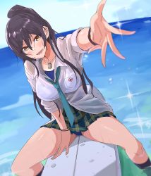 Rule 34 | 1girl, black hair, blue sky, commentary request, dog tags, dutch angle, earrings, green necktie, hair between eyes, high ponytail, highres, horizon, idolmaster, idolmaster shiny colors, jewelry, kneehighs, long hair, looking at viewer, loose necktie, miniskirt, necktie, ocean, ogasawara, plaid, plaid skirt, pleated skirt, ponytail, reaching, reaching towards viewer, school uniform, shirase sakuya, sitting, skirt, sky, sleeves rolled up, socks, solo, straddling, surfboard, swimsuit, swimsuit under clothes, thighs, wet, yellow eyes