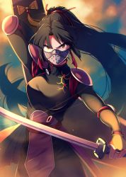 Rule 34 | 1girl, abiko yuuji, armor, black bodysuit, black hair, bodysuit, boomerang, breasts, bridal gauntlets, brown eyes, commentary request, elbow pads, hair intakes, high ponytail, highres, holding, holding sword, holding weapon, inuyasha, katana, knee pads, long hair, looking at viewer, mask, pauldrons, ponytail, sango (inuyasha), sheath, shoulder armor, shoulder pads, simple background, solo, sword, v-shaped eyebrows, very long hair, weapon