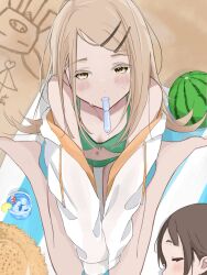 Rule 34 | 2girls, ai ai gasa, ball, beachball, bikini, blonde hair, blush, breasts, cleavage, colored eyelashes, drink, drinking straw, food in mouth, from above, gakuen idolmaster, glass, green bikini, hat, highres, idolmaster, kimi to semi blue (idolmaster), koukei (idolmaster), kuramoto china, looking at viewer, looking up, m legs, multiple girls, navel, sand, sand writing, sexually suggestive, shinosawa hiro, sitting, slime kouhai, small breasts, solo focus, straw hat, striped towel, sweat, swimsuit, towel, wariza, watermelon beachball